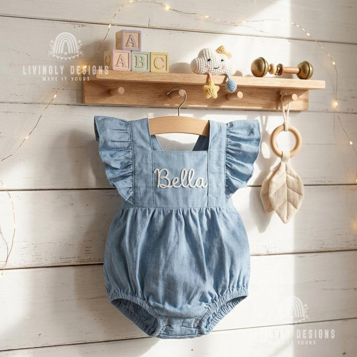 Personalized Embroidered Baby Bodysuit Romper : Cotton Flutter Sleeve Suspender Outfit