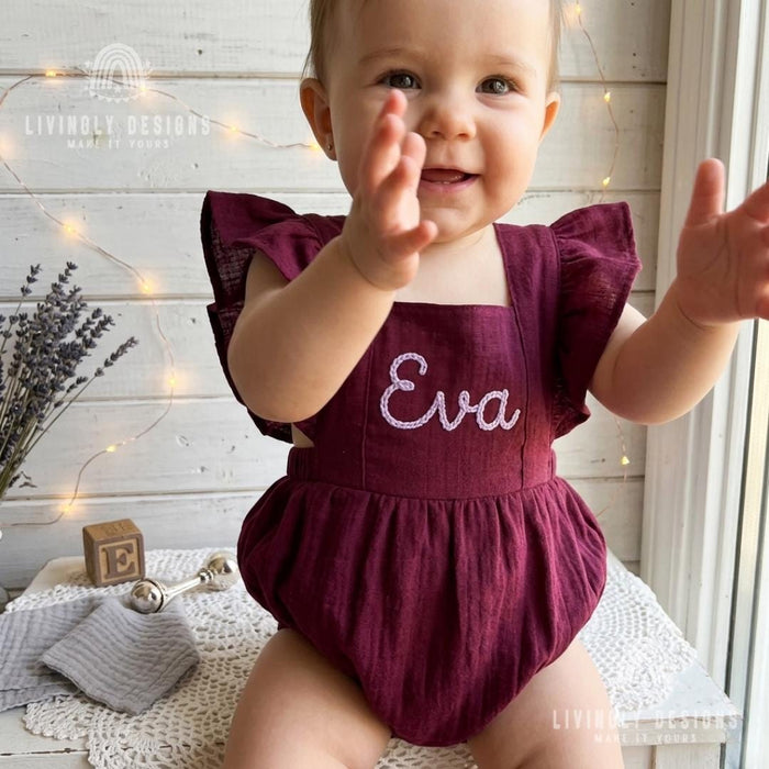 Personalized Embroidered Baby Bodysuit Romper : Cotton Flutter Sleeve Suspender Outfit