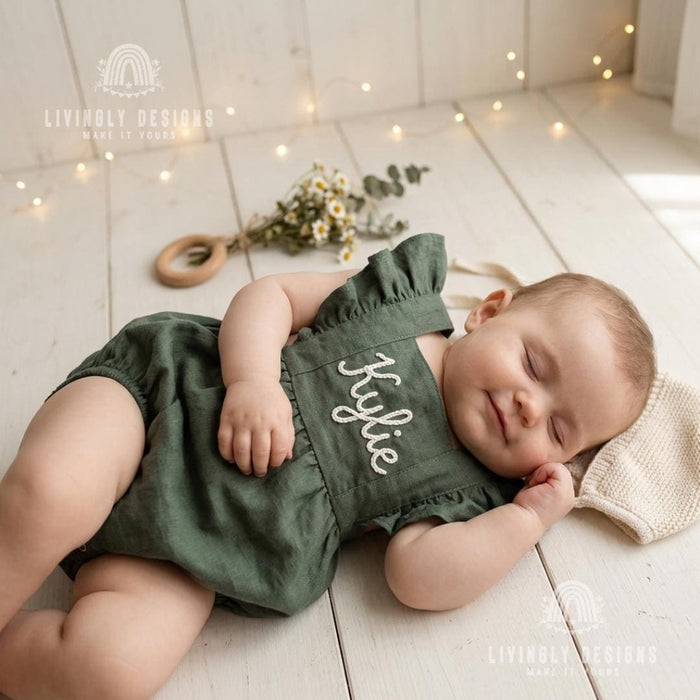 Personalized Embroidered Baby Bodysuit Romper : Cotton Flutter Sleeve Suspender Outfit