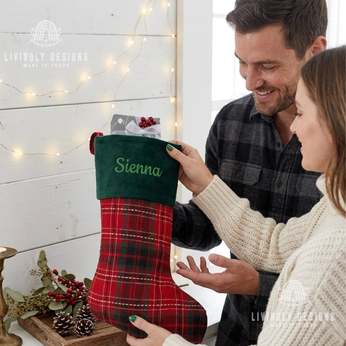 Personalized Embroidered Christmas Stocking: Red Plaid, Green Velvet Cuff