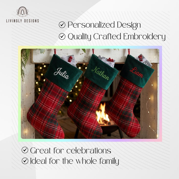 Personalized Embroidered Christmas Stocking: Red Plaid, Green Velvet Cuff