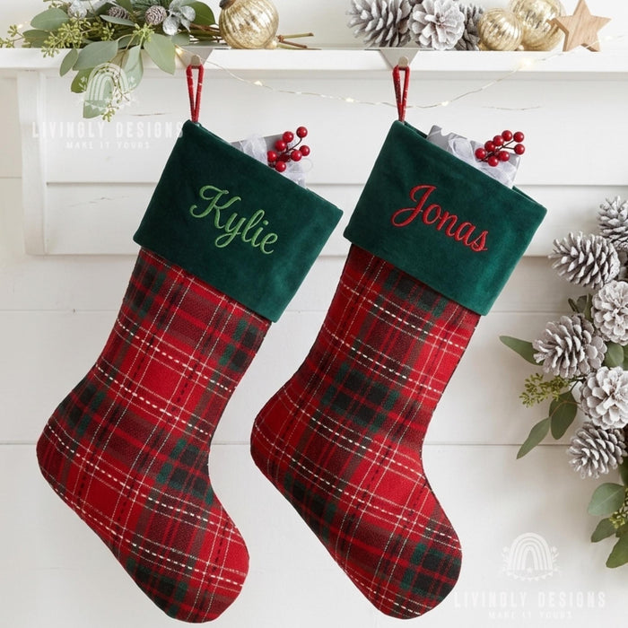 Personalized Embroidered Christmas Stocking: Red Plaid, Green Velvet Cuff