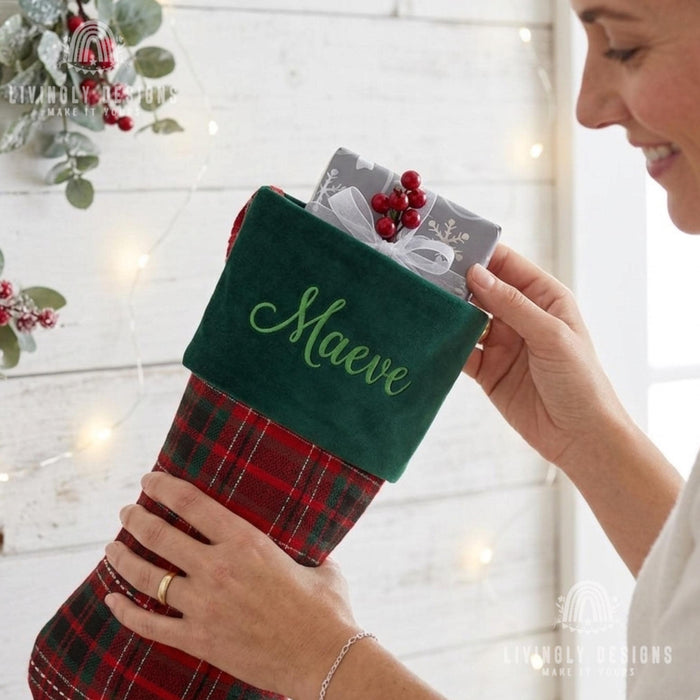 Personalized Embroidered Christmas Stocking: Red Plaid, Green Velvet Cuff