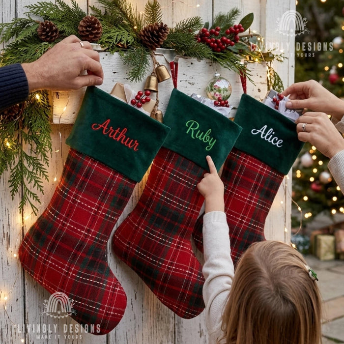 Personalized Embroidered Christmas Stocking: Red Plaid, Green Velvet Cuff