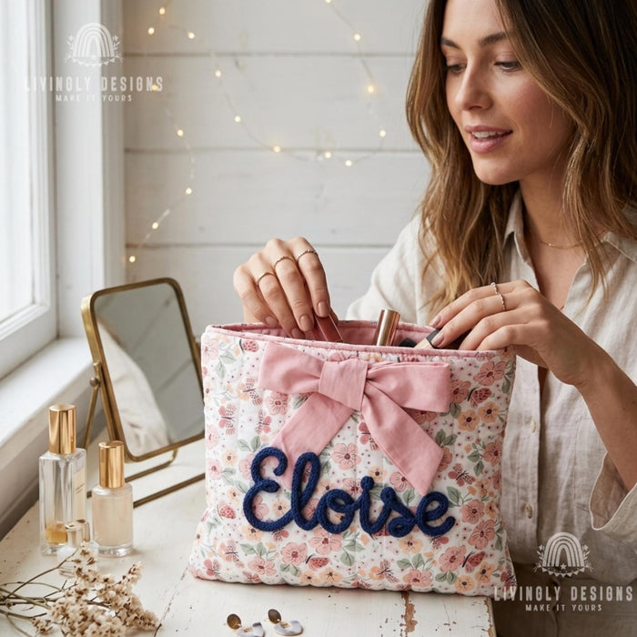 Personalized Floral Cosmetic Bag: Custom Name, Rope Lettering, Bow