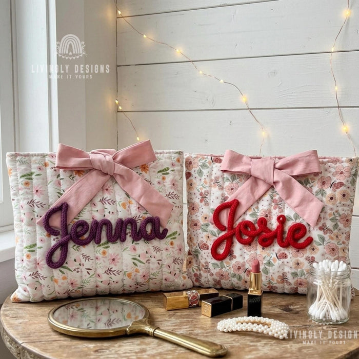 Custom Cosmetic Bag with Name: Personalized Floral Makeup Bag