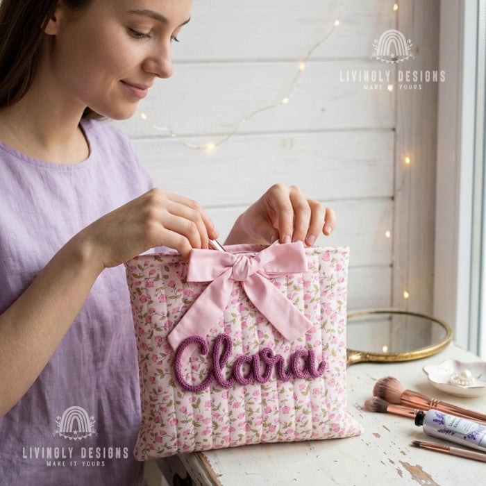 Personalized Floral Cosmetic Bag: Custom Name, Rope Lettering, Bow