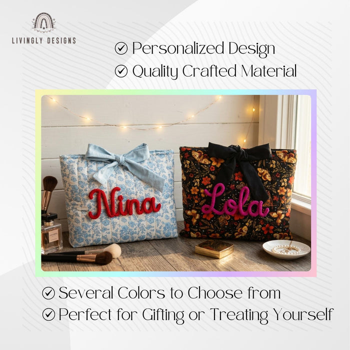 Custom Cosmetic Bag with Name: Personalized Floral Makeup Bag