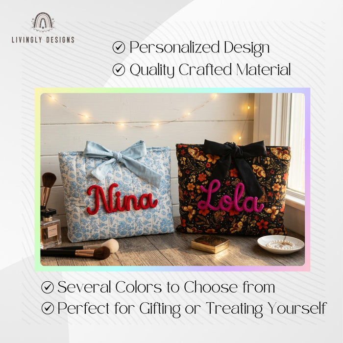 Personalized Floral Cosmetic Bag: Custom Name, Rope Lettering, Bow