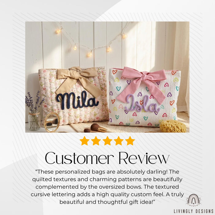 Personalized Floral Cosmetic Bag: Custom Name, Rope Lettering, Bow