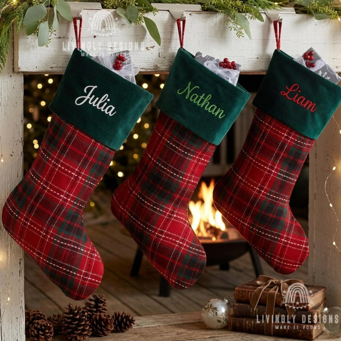 Personalized Embroidered Christmas Stocking: Red Plaid, Green Velvet Cuff