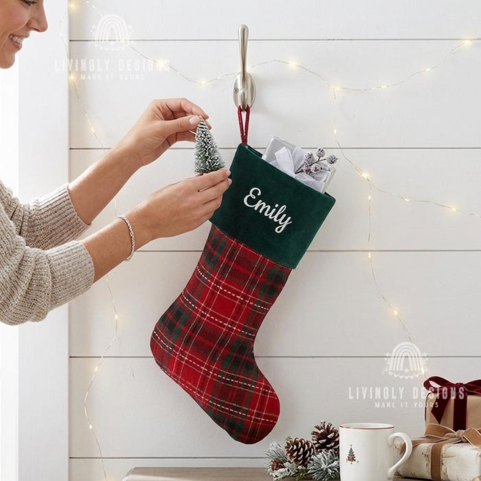 Personalized Embroidered Christmas Stocking: Red Plaid, Green Velvet Cuff