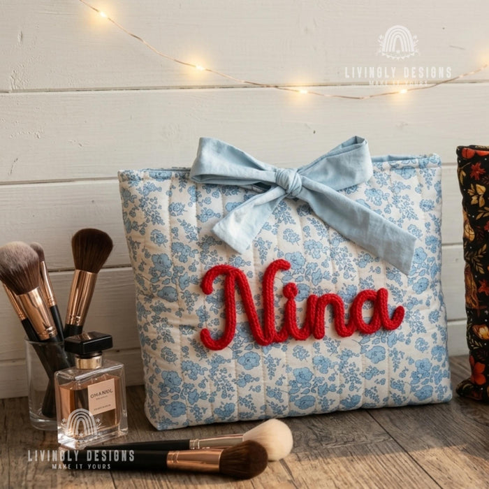 Personalized Floral Cosmetic Bag: Custom Name, Rope Lettering, Bow