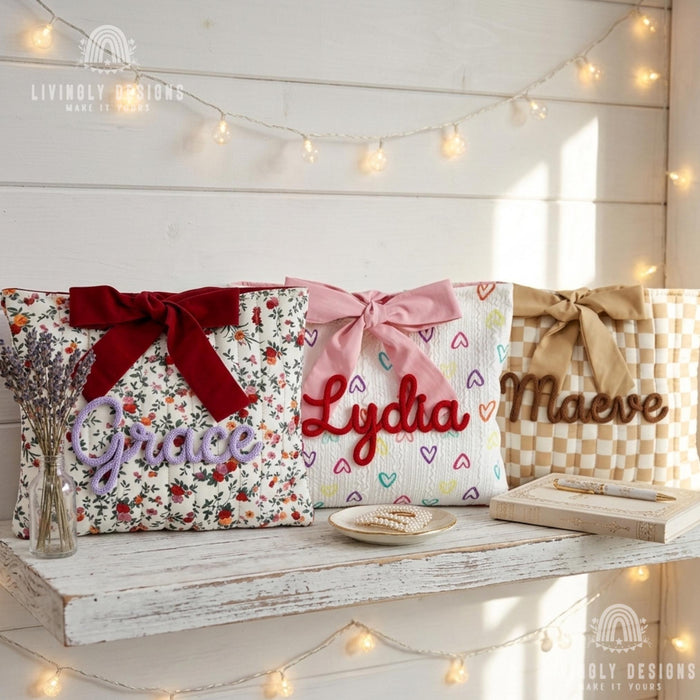Personalized Floral Cosmetic Bag: Custom Name, Rope Lettering, Bow