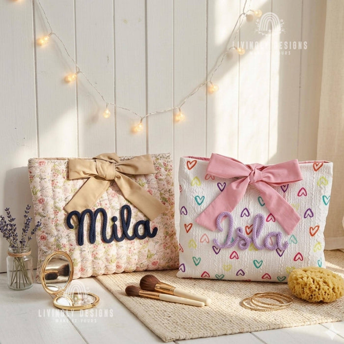 Personalized Floral Cosmetic Bag: Custom Name, Rope Lettering, Bow