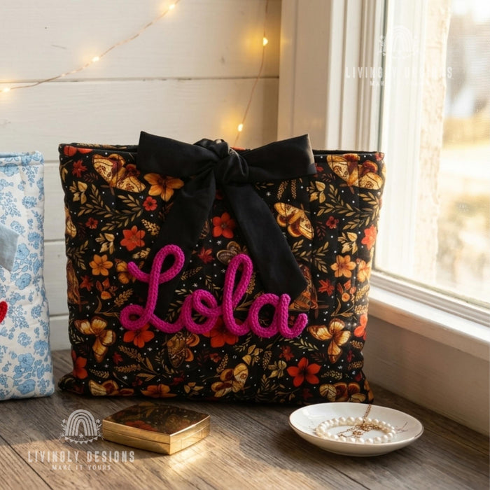 Personalized Floral Cosmetic Bag: Custom Name, Rope Lettering, Bow