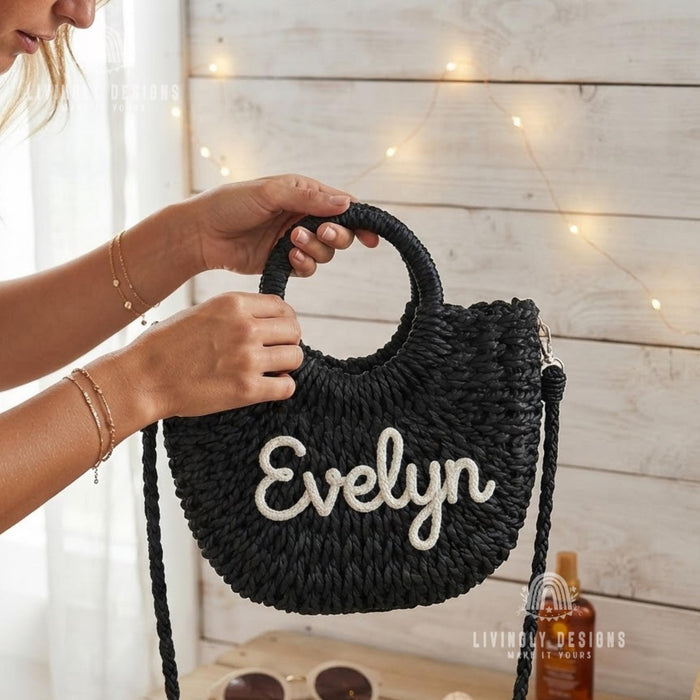 Personalized Woven Straw Bag: Round Handle Crossbody Summer Purse