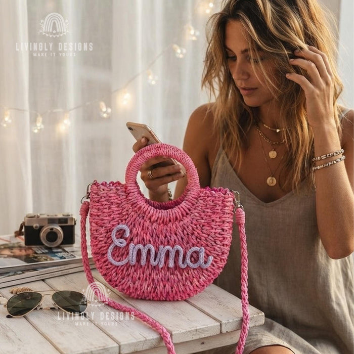 Personalized Woven Straw Bag: Round Handle Crossbody Summer Purse