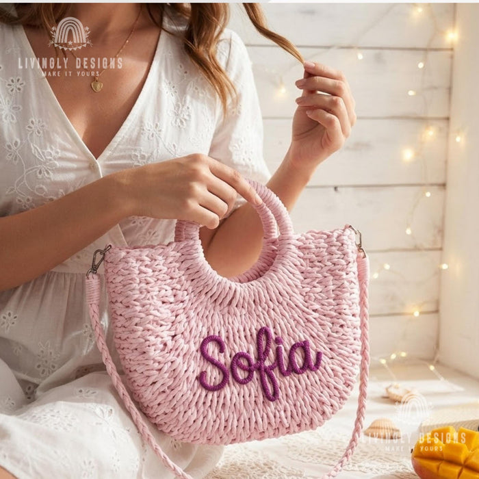 Personalized Woven Straw Bag: Round Handle Crossbody Summer Purse