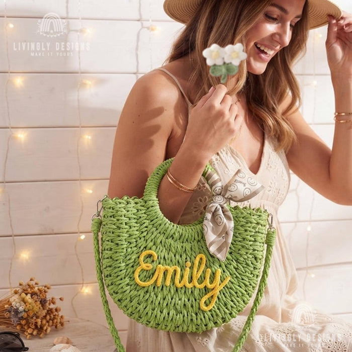 Personalized Woven Straw Bag: Round Handle Crossbody Summer Purse