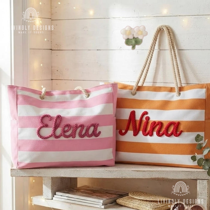 Personalized Rope Name Beach Tote, Striped Canvas Vacation Bag