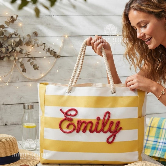 Personalized Rope Name Beach Tote, Striped Canvas Vacation Bag