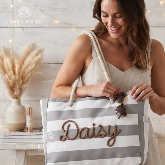Personalized Rope Name Beach Tote, Striped Canvas Vacation Bag