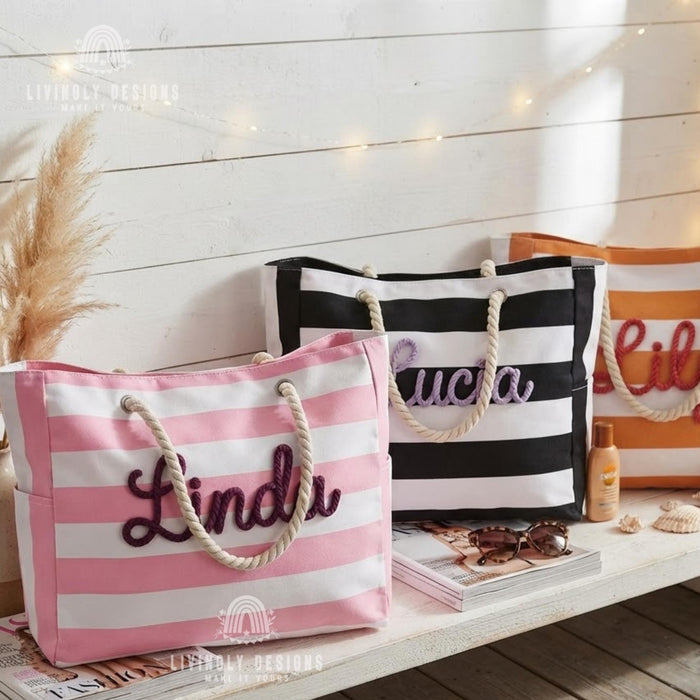 Personalized Rope Name Beach Tote, Striped Canvas Vacation Bag