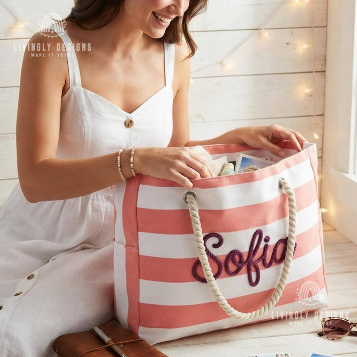 Personalized Rope Name Beach Tote, Striped Canvas Vacation Bag