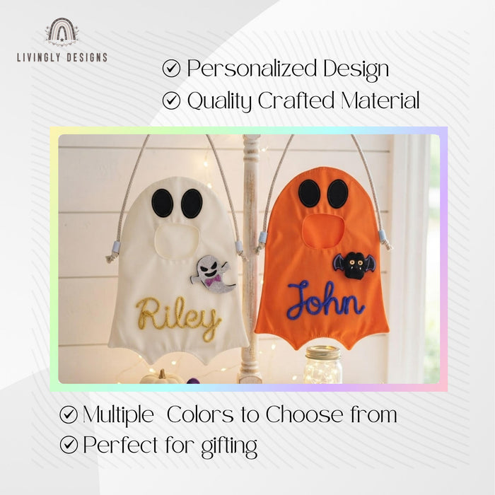 Custom Name Ghost Trick-or-Treat Bag: Kids Halloween Candy Tote with Charm