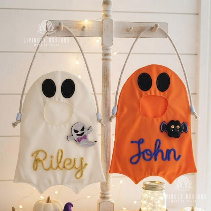 Custom Name Ghost Trick-or-Treat Bag: Kids Halloween Candy Tote with Charm