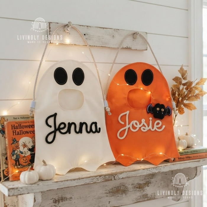 Custom Name Ghost Trick-or-Treat Bag: Kids Halloween Candy Tote with Charm
