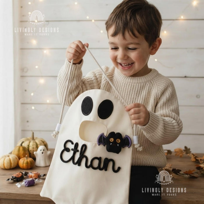 Custom Name Ghost Trick-or-Treat Bag: Kids Halloween Candy Tote with Charm