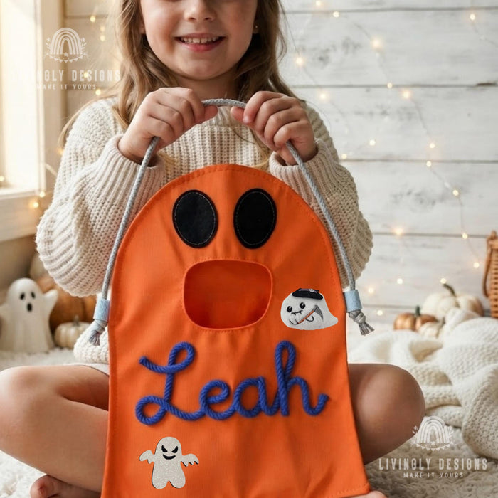Custom Name Ghost Trick-or-Treat Bag: Kids Halloween Candy Tote with Charm
