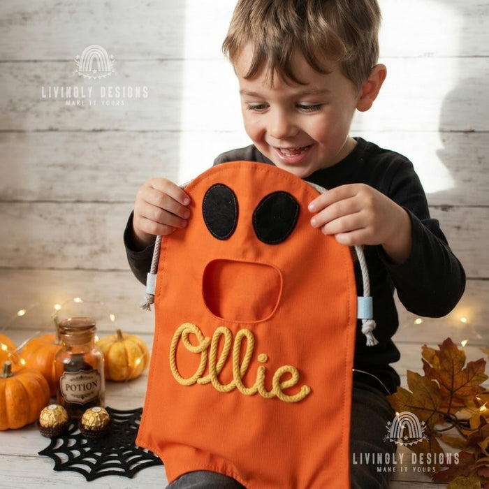 Custom Name Ghost Trick-or-Treat Bag: Kids Halloween Candy Tote with Charm