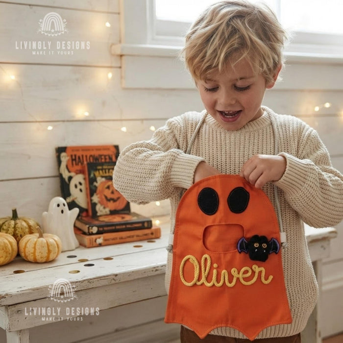 Custom Name Ghost Trick-or-Treat Bag: Kids Halloween Candy Tote with Charm
