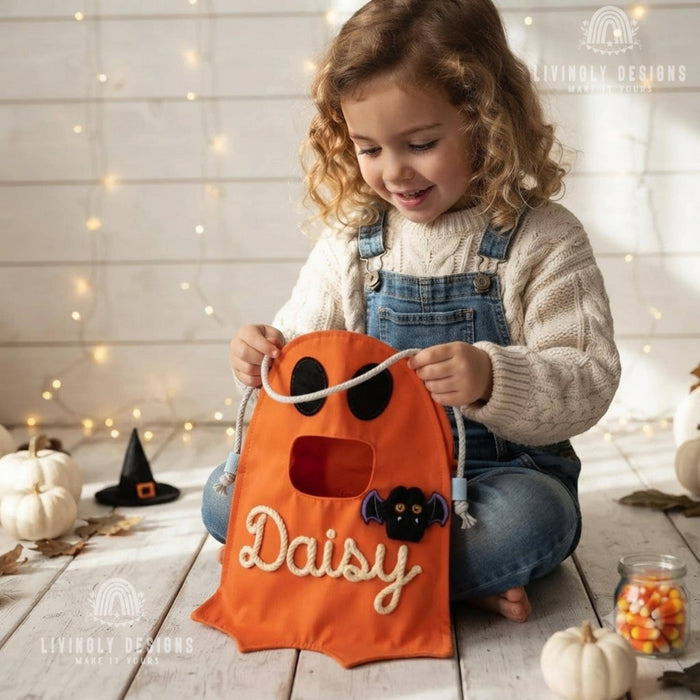 Custom Name Ghost Trick-or-Treat Bag: Kids Halloween Candy Tote with Charm