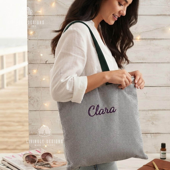 Custom Embroidered Tote: Striped Cotton Tote with Contrast Handle