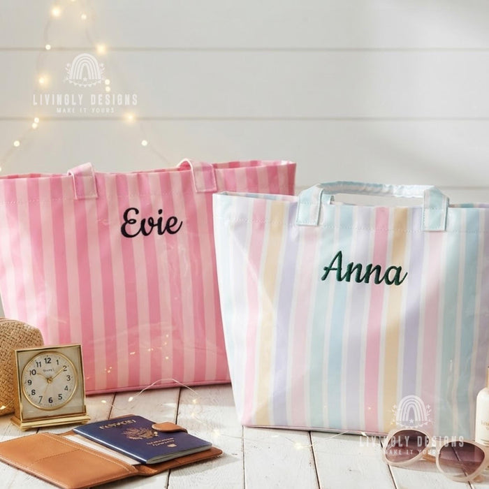 Personalized Name Tote Bag - PVC Beach Bag in Stripes, Leopard & Checkerboard