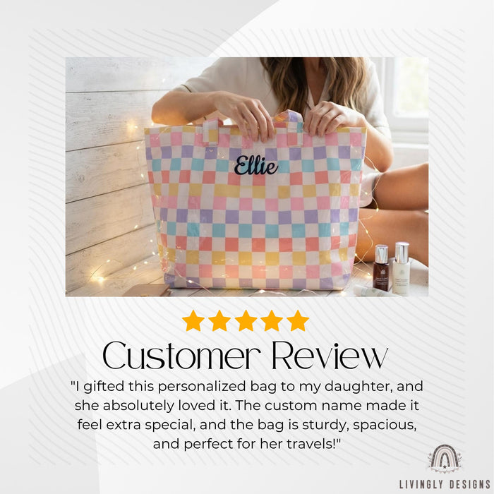 Personalized Name Tote Bag - PVC Beach Bag in Stripes, Leopard & Checkerboard