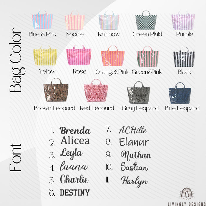 Personalized Name Tote Bag - PVC Beach Bag in Stripes, Leopard & Checkerboard