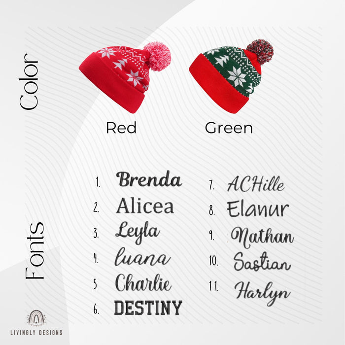 Matching Family Winter Hats, Stitched Name Knit Beanie with Pom Pom