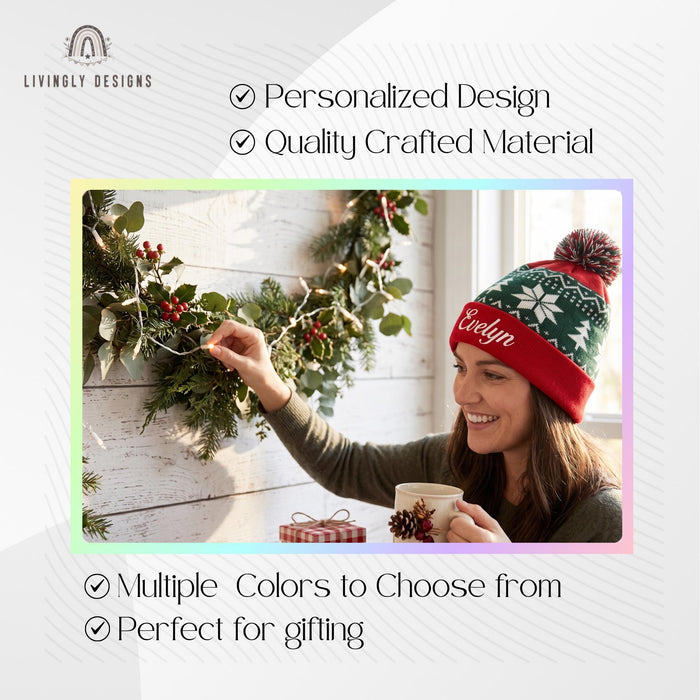 Custom Name Pom Pom Beanie - Embroidered Christmas Knit Hat for Kids & Adults