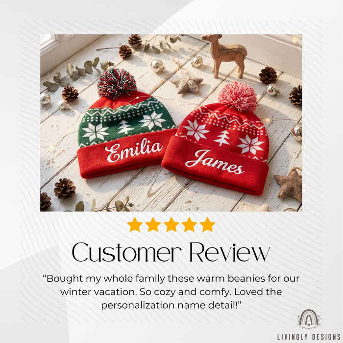 Custom Name Pom Pom Beanie - Embroidered Christmas Knit Hat for Kids & Adults