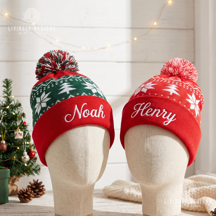 Custom Name Pom Pom Beanie - Embroidered Christmas Knit Hat for Kids & Adults