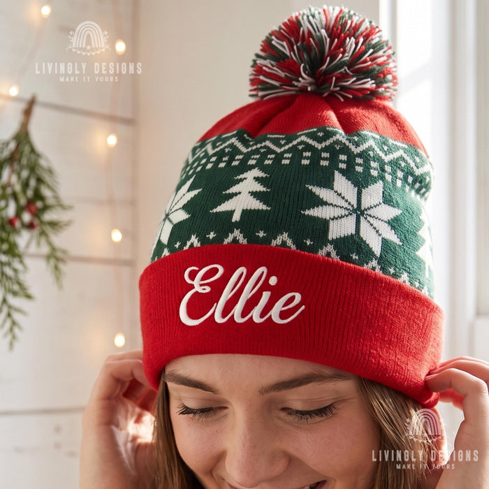 Matching Family Winter Hats, Stitched Name Knit Beanie with Pom Pom