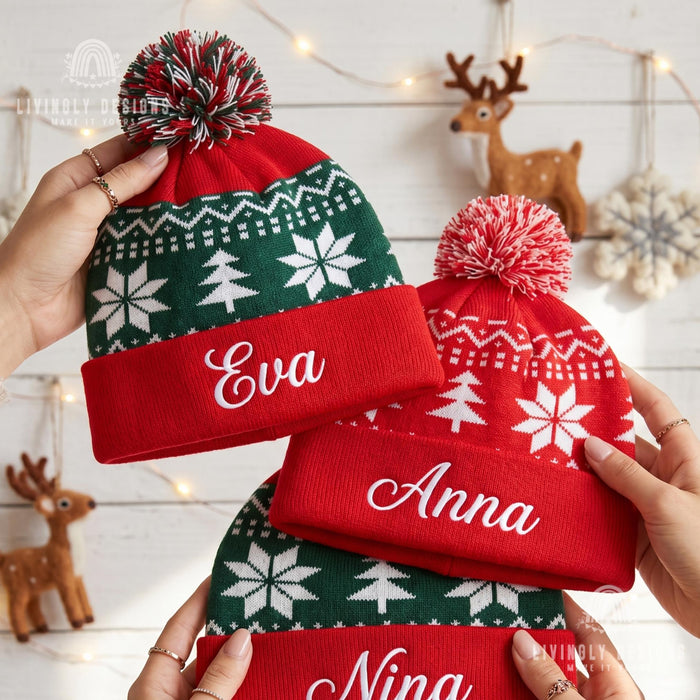 Matching Family Winter Hats, Stitched Name Knit Beanie with Pom Pom