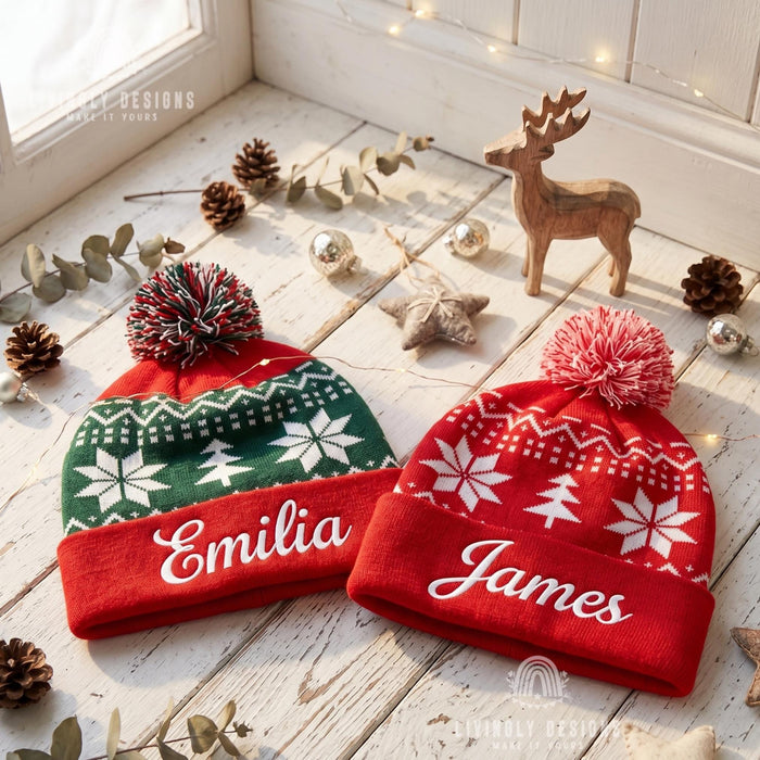 Custom Name Pom Pom Beanie - Embroidered Christmas Knit Hat for Kids & Adults