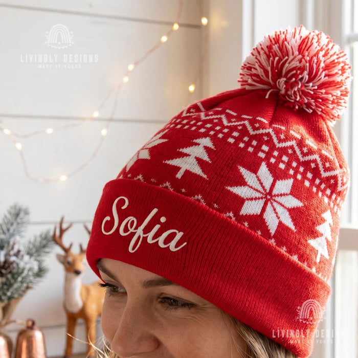 Matching Family Winter Hats, Stitched Name Knit Beanie with Pom Pom