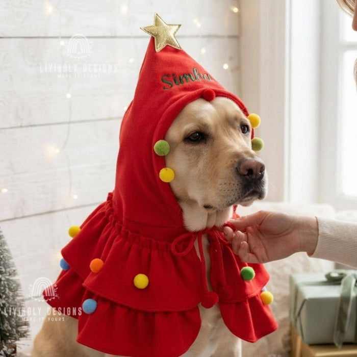 Custom Name Pet Christmas Tree Costume - Embroidered Cape for Dogs & Cats